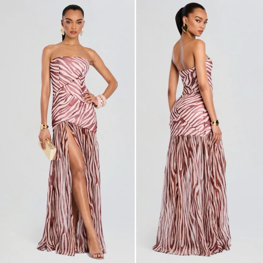 NWT Retrofete Nicole Strapless Silk Earl Rose Zebra Maxi Dress Size Large